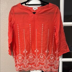 White and Orange Embellished Blouse with Three-Quarter Sleeves